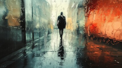 Obraz premium A solitary figure walks through a rain-soaked street, with vibrant colors and reflections creating a moody atmosphere.