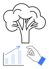 Tree graphic symbolizing nature, upward graph for progress, hand gesture of care and action. Ideal for sustainability, growth, ecology, responsibility, innovation progress conservation. Flat simple