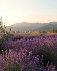 Obraz premium Lavender Field Blooming in Provence at Sunset with Mountain Backdrop