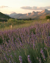 Fototapeta premium Lavender Field Blooming with Mountains Landscape at Dusk Serene Nature Scene