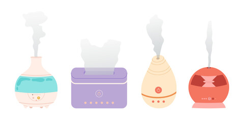Electric aroma diffusers of different designs. Healthy lifestyle, self care. Relax time, aromatherapy. Set humidifier different shapes. 