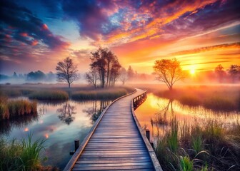 Surreal Double Exposure: Boardwalk Over Misty Wetlands at Sunrise