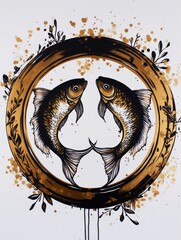 Surreal oil gold painting with two fishes, AI generated