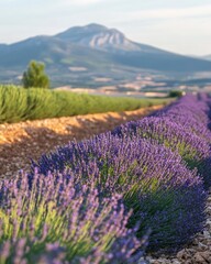 Obraz premium Lavender Field in Provence France with Mountain Backdrop at Daytime