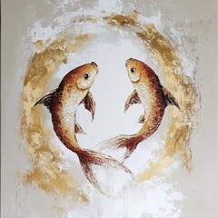 Surreal oil gold painting with two fishes, AI generated