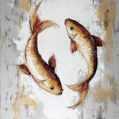 Surreal oil gold painting with two fishes, AI generated