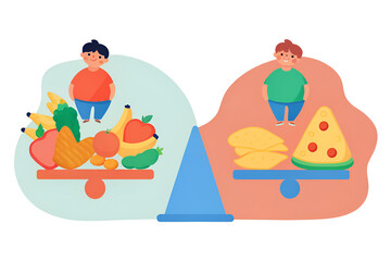 childhood obesity nutrition exercise community Two children balance healthy fruits and unhealthy foods on scales, illustrating dietary choices.