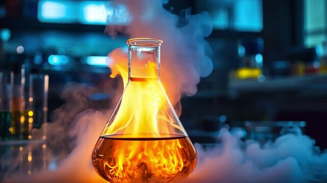Fiery Experiment with Flame and Smoke in Laboratory Environment Featuring Glass Flask with Vibrant Colors and Dramatic Lighting Effects