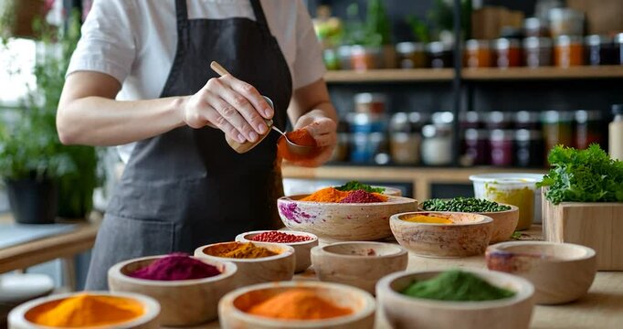 Woman in apron adds spices from a spoon into wooden bowls filled with colorful powders. Shelves stocked with jars and plants are in the background. Focus on culinary scene