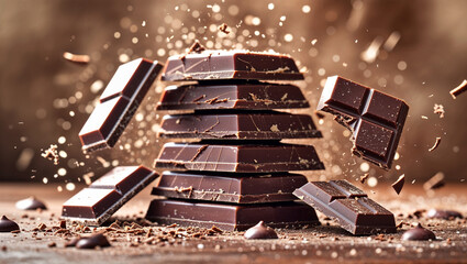 tempting stack of rich, dark chocolate pieces with cocoa powder and shavings, capturing the essence of decadent indulgence and the allure of gourmet confectionery.