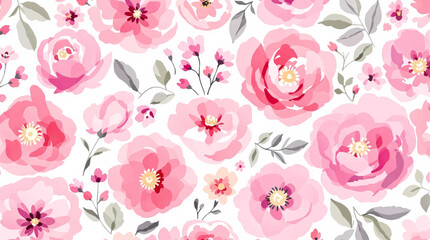 Watercolor floral seamless pattern with hand-painted blush pink flowers and green leaves on white background. Botanical print.