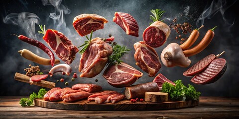 Surreal Floating Meat Collection: Gourmet Cuts & Delights