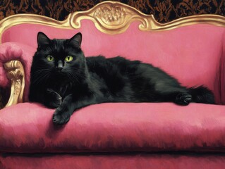 Fine art oil painting , cozy sofa and black cat on it, AI generated