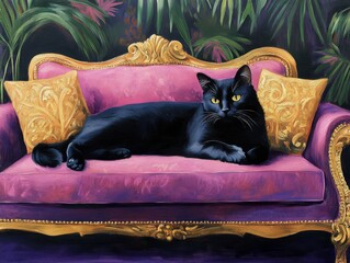 Fine art oil painting , cozy sofa and black cat on it, AI generated