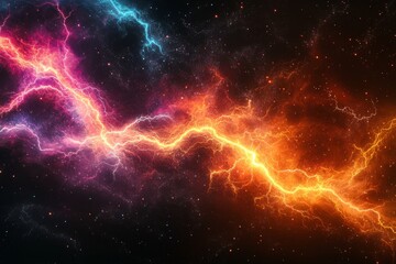 Fototapeta premium Abstract background with colorful lightning and starry sky, lightning in blue, orange, red, and purple colors