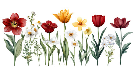 Blooming Garden Watercolor: An artistic rendering of a vibrant array of colorful flowers, depicting various species in a watercolor style, evoking the beauty of spring