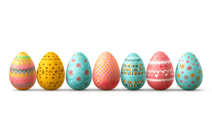 Obraz premium Colorful Easter Eggs Display: A vibrant row of intricately decorated Easter eggs, each boasting unique patterns and designs, is presented.