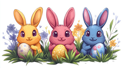 Easter Bunnies with Eggs: Three adorable Easter bunnies in vibrant colors, each cradling a decorated egg amidst a colorful springtime scene filled with flowers and fresh green grass.