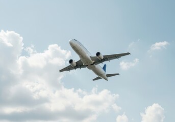 Obraz premium Airplane in flight soaring against a clear sky with fluffy clouds capturing concepts of summer travel, air transportation and freedom for greeting card and travel site design.