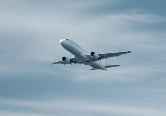 Commercial airliner takes flight on cloudy day, conceptualizing air travel for tourism promotion and representing innovation and progress in transportation