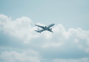 Obraz premium Passenger plane in sky with clouds. Flying transport for travel and journey. Commercial aircraft on a background of cumulus clouds for summer vacations and holiday.