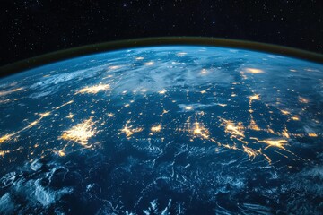 Obraz premium Satellite Surveillance Technology Scanning Remote Locations Across the Globe During Nighttime, Showcasing Illumination From Cities and Natural Features