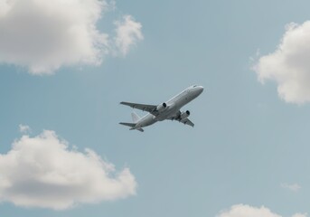 Fototapeta premium Aeroplane taking off against blue sky with white clouds. Commercial airplane for travel and vacation. Aviation background for web banner, article, poster