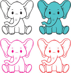 Editable Baby elephant vector images, Elephant Vector Set – 4 Cute Elephant Illustrations on One Sheet Use for app, graphics, and printing sector.