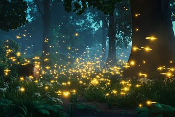 Obraz premium Magical nighttime forest illuminated by glowing fireflies dancing amidst trees and flowers