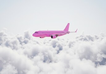Fototapeta premium Pink Airplane Flying Among the Clouds. Dreamy Concept, Travel Adventure. Commercial Aviation for Business, Promotional Web Banner, Creative Print Ad, or Greeting Card
