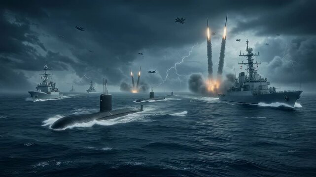 Warships and a submarine in the open sea launch missiles during a thunderstorm. The combat scene against the stormy sky creates a tense and powerful atmosphere  