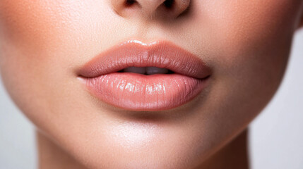 Fototapeta premium Close-up view of smooth, natural lips showcasing a soft nude lipstick shade for a beauty demonstration