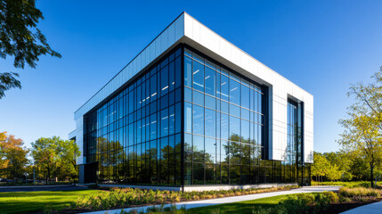 Obraz premium Modern architectural design of a sleek glass building surrounded by autumn trees in a tranquil setting