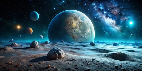 Surreal Lunar Landscape: Spherical Objects & Distant Celestial Body at Night