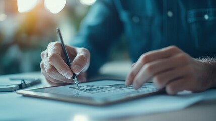 Architect engages in designing an innovative energy-efficient building using a digital tablet, showcasing a blend of technology and creativity in the workspace.