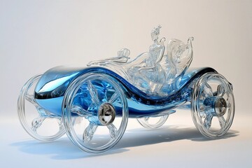 Artistic glass sculpture of a vintage car with playful figures showcased in a modern gallery setting