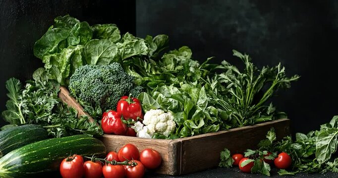 Wooden crate filled with various fresh vegetables including tomatoes broccoli zucchini peppers and cauliflower against dark backdrop