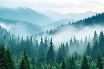 Obraz premium Foggy Forest Landscape with Mountains and Green Trees in Mist