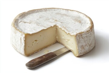 Creamy brie cheese round with moldy rind delicious snack appetizer gourmet slice close up shot food photography