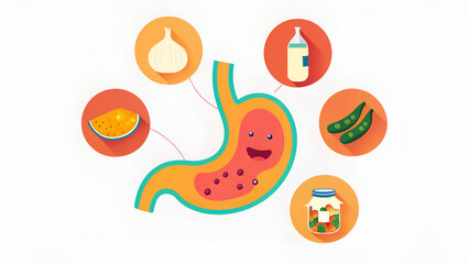immunity boosters vitamins metabolism Illustration of a stomach surrounded by various food items and digestive icons.