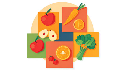 immunity boosters vitamins metabolism Colorful illustration of various fruits and vegetables arranged in geometric shapes.
