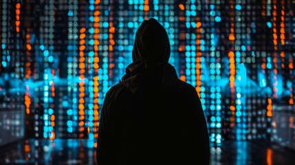 Hacker monitoring data breaches and malware threats in a digital landscape