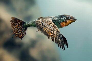 Unique depiction of a fish with wings soaring through a bright blue sky filled with clouds