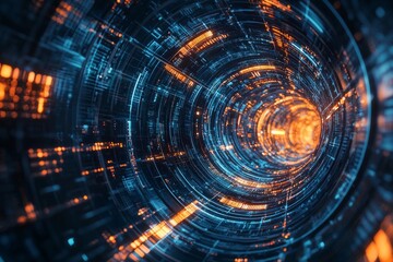 Fototapeta premium Digital data tunnel, time travel concept, futuristic technology background, dark blue and orange colors