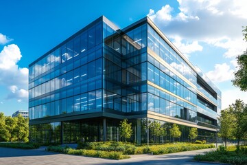 Fototapeta premium 3D rendering of a modern office building with a glass facade and a green park nearby, under a blue sky on a sunny day.