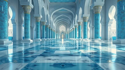 A long, narrow hallway with blue pillars and white walls
