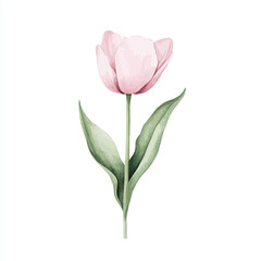 Fototapeta premium Delicate Blossom: A single, elegant pink tulip with lush green leaves, painted in watercolor, showcasing the soft beauty and detail of botanical art.