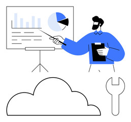 Presenter pointing to graphs on a screen with pie and bar charts, cloud icon, and wrench tool. Ideal for training, analytics, cloud computing, teamwork, data analysis, technical planning learning