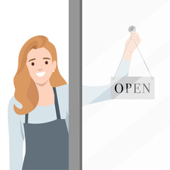Woman wearing an apron hangs an OPEN sign on the door, welcoming customers to her business. Flat vector illustration isolated on white background