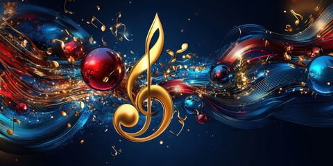 A Festive Symphony: Golden Treble Clef Amidst Swirling Musical Notes and Sparkling Ornaments